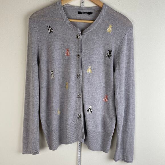 NIC + ZOE Busy Bee Embroidered Cardigan Size M Grey Multi - Picture 8 of 14